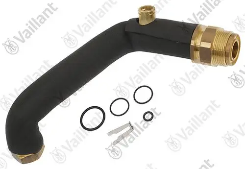 Vaillant Rohr mit gebogener Form und metallischem Anschluss, umgeben von Dichtungsringen und einem Montageclip. Sicherungs- und Verbindungselemente sind in Schwarz und Gold gehalten.